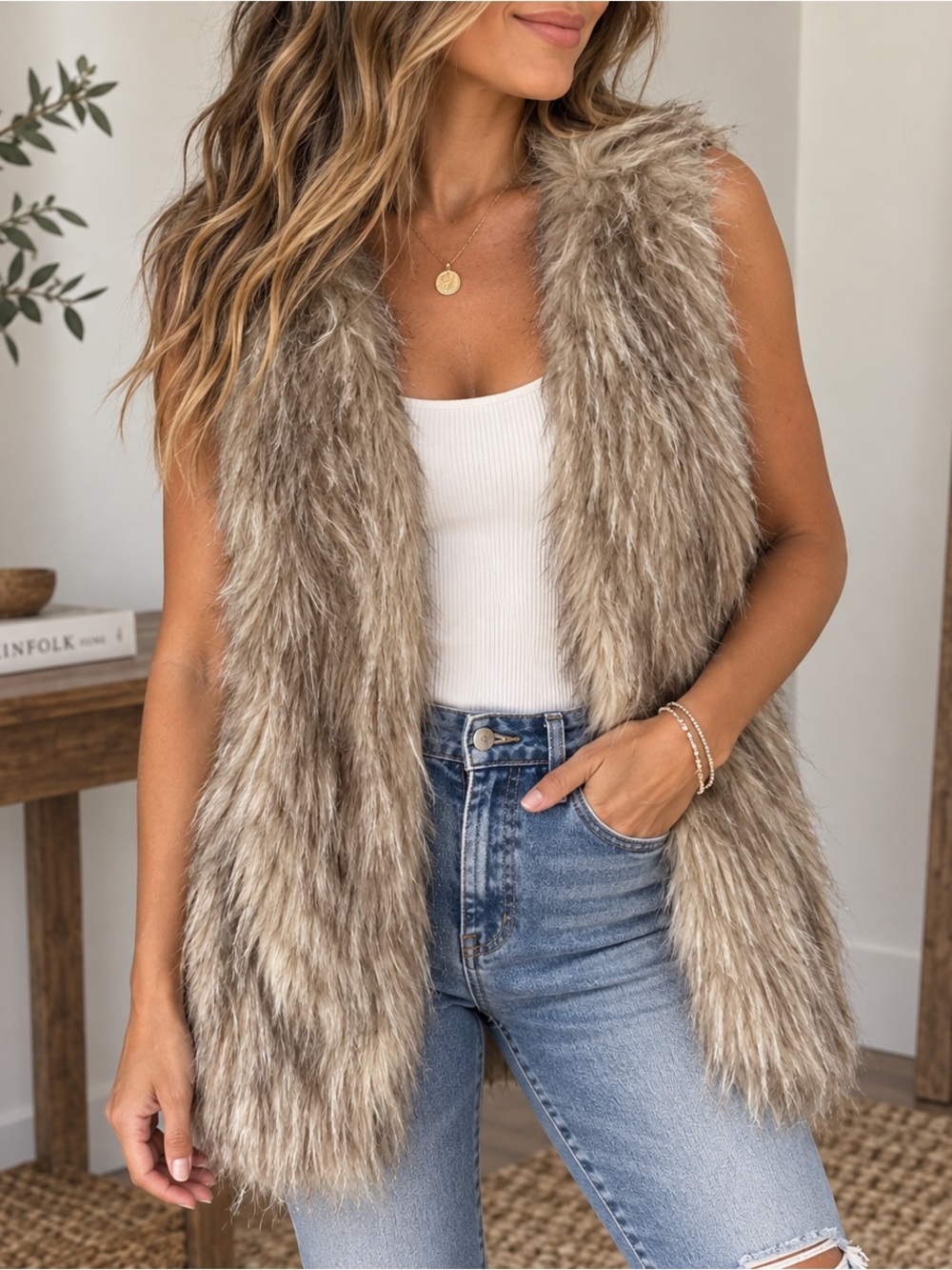 Sebby Collection Faux Fur Knit Back Vest